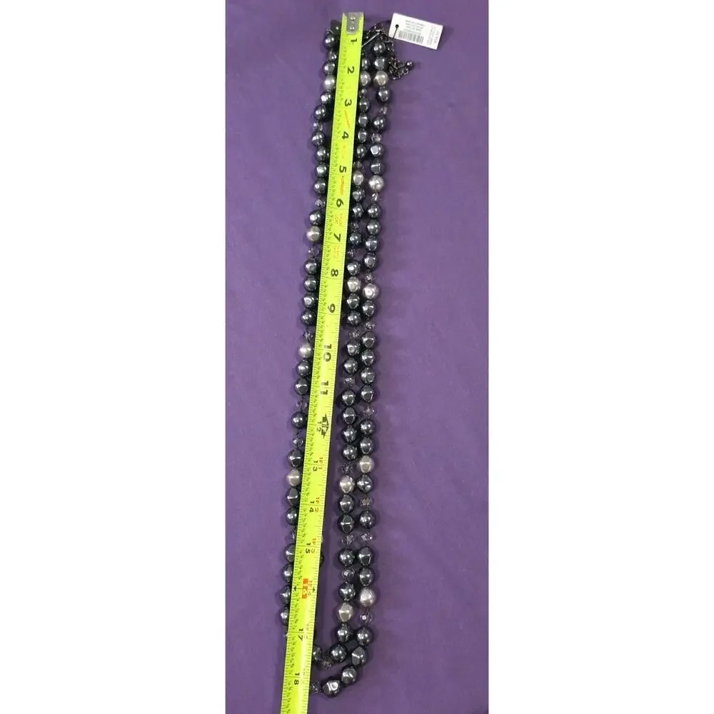 Chico's Signed Necklace Long 2 Layer Beaded Charcoal Silver Gunmetal Statement